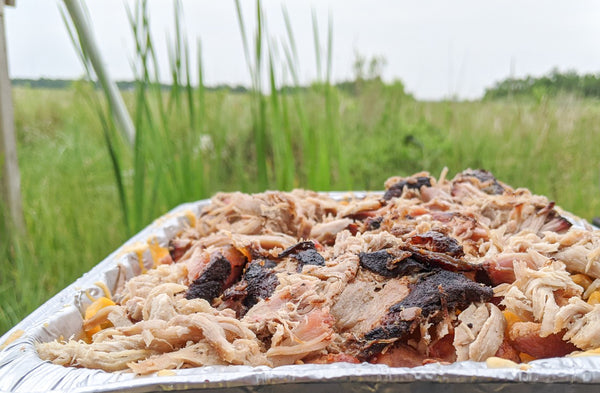 NEW ORLEANS STYLE BAKED MAC WITH BACON + SMOKED BBQ PORK BUTT